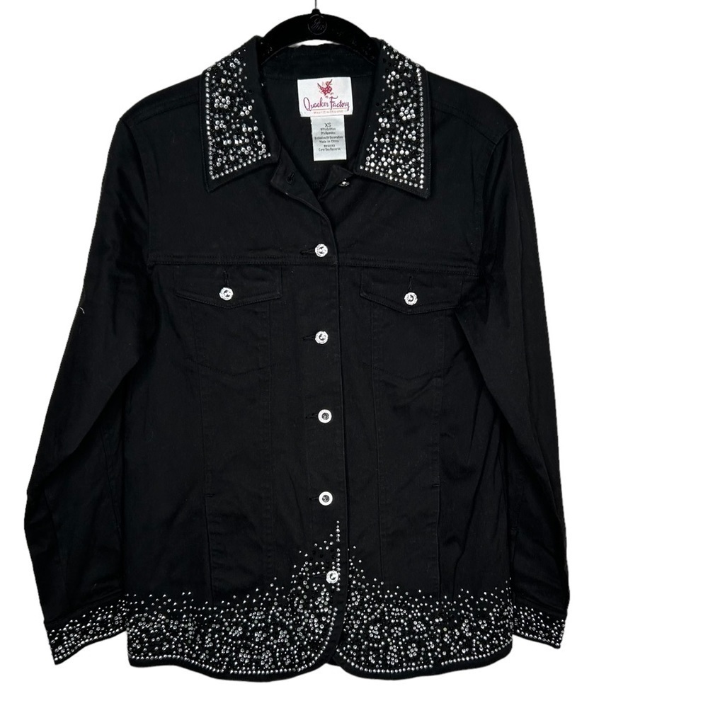 Quaker Factory Womens Rhinestone Bling Jean Jacket Size XS Black